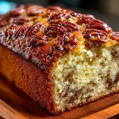 Homemade Sweet Alabama Pecan Bread with a golden crust and pecan topping