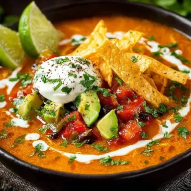 Delicious bowl of homemade tortilla soup with crispy tortilla strips and fresh toppings.