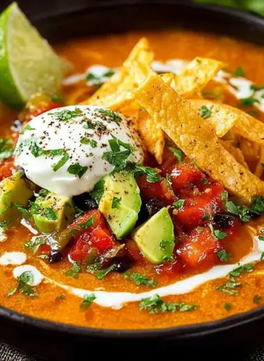 Delicious bowl of homemade tortilla soup with crispy tortilla strips and fresh toppings.
