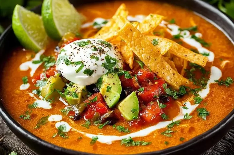 Delicious bowl of homemade tortilla soup with crispy tortilla strips and fresh toppings.