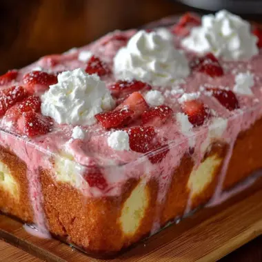 Delicious slice of the easiest strawberry cake topped with fresh strawberries