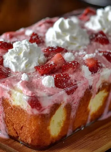 Delicious slice of the easiest strawberry cake topped with fresh strawberries