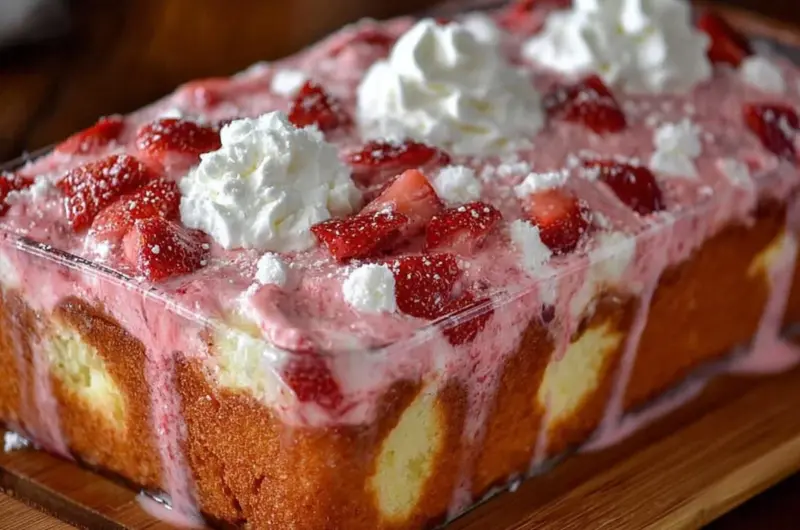 Delicious slice of the easiest strawberry cake topped with fresh strawberries