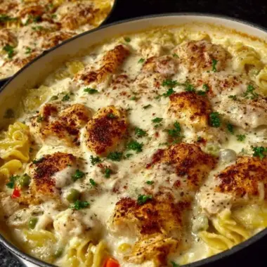 Ultimate chicken casserole topped with cheese and herbs