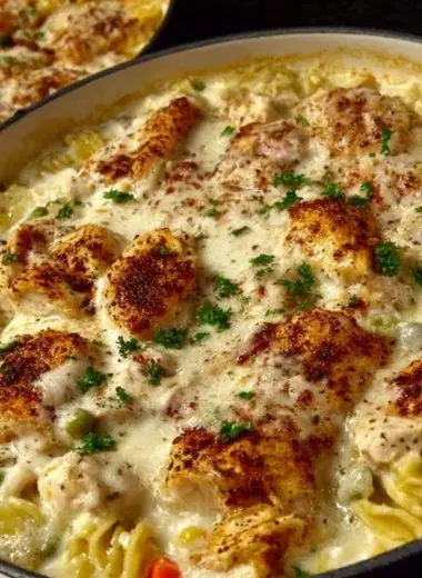 Ultimate chicken casserole topped with cheese and herbs
