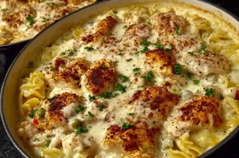 Ultimate chicken casserole topped with cheese and herbs