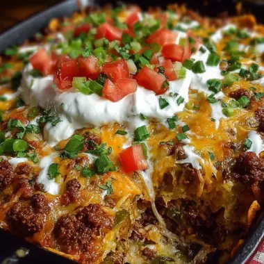 Savory Walking Taco Casserole served in a colorful dish.