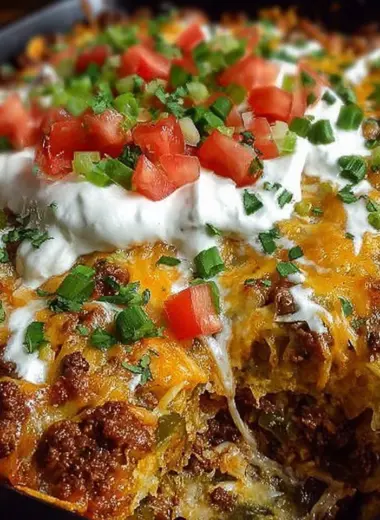 Savory Walking Taco Casserole served in a colorful dish.