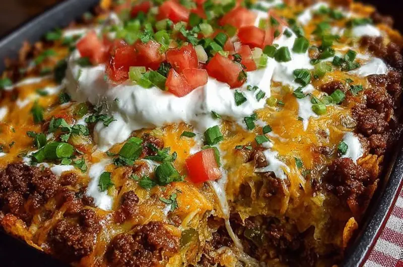 Savory Walking Taco Casserole served in a colorful dish.